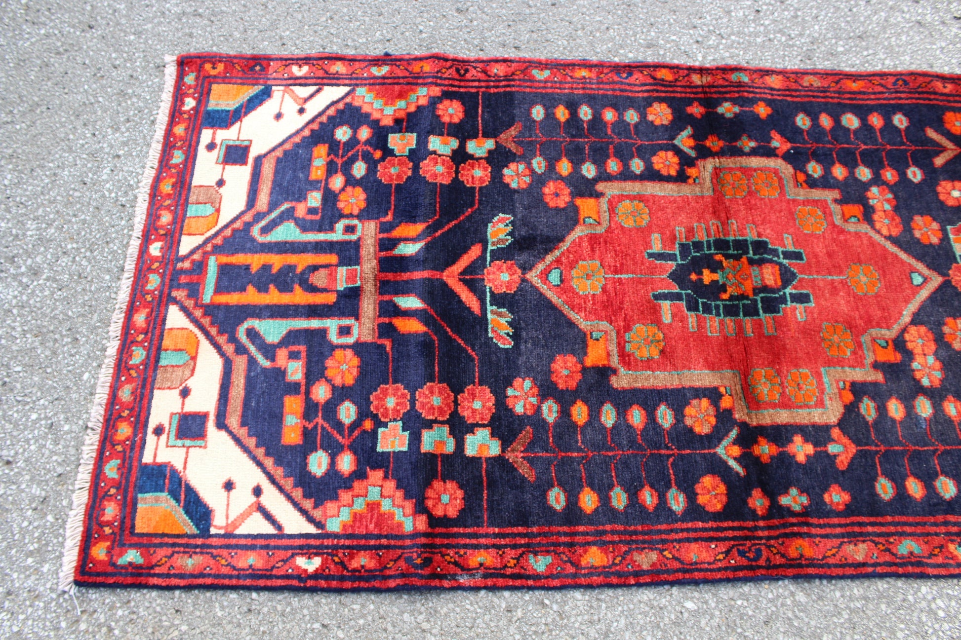 Navy Blue 3x 11 Rug with Red Medallion & Border | Vintage Hand Knotted