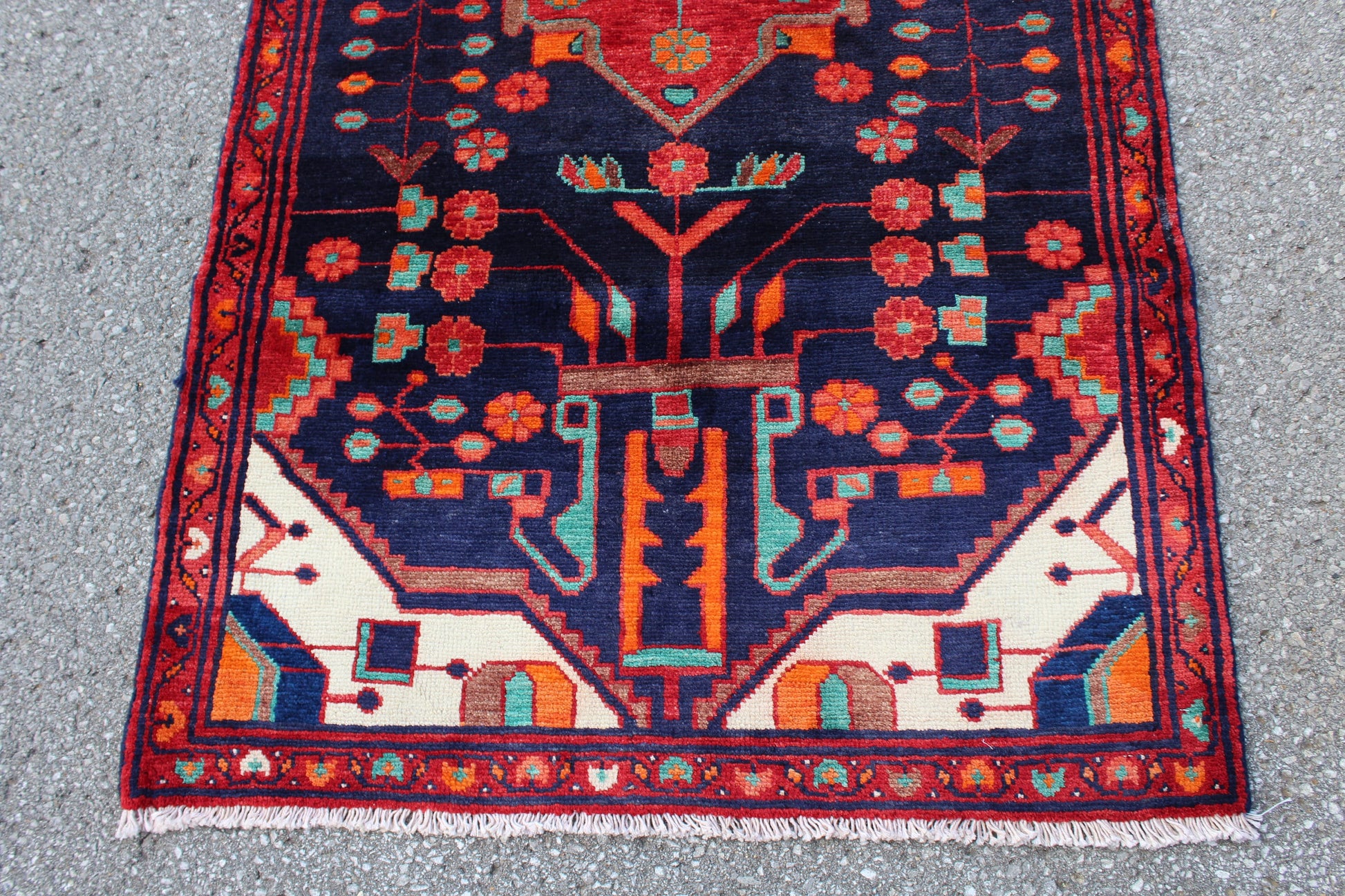 Navy Blue 3x 11 Rug with Red Medallion & Border | Vintage Hand Knotted