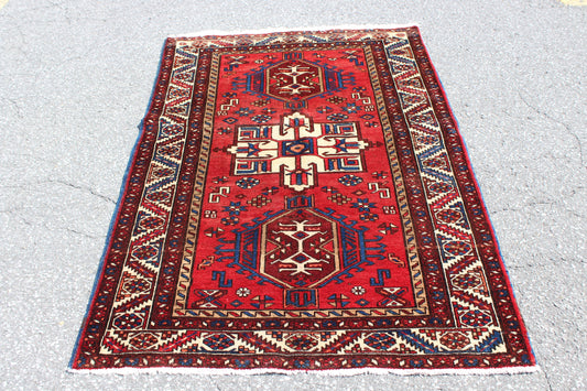 Red Blue 4x6  Vintage Rug | Tribal Oriental Persian Rug | Kazak Bohemian Rug | Handmade Rug