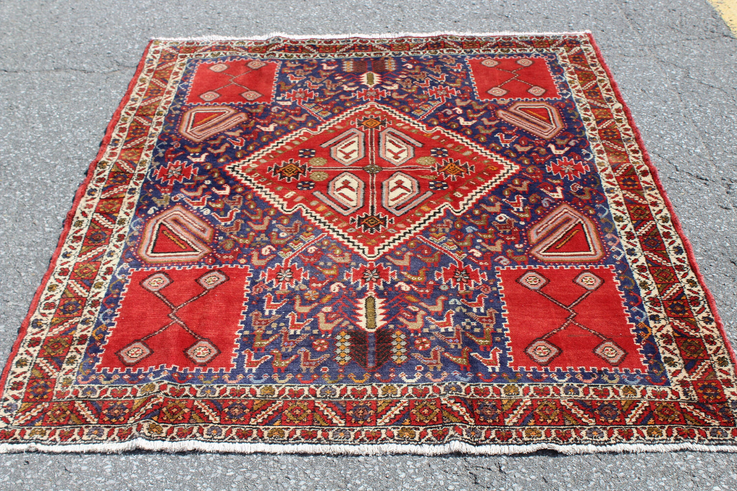 Red Blue 5x5  Vintage Rug | Tribal Oriental Persian Rug | Kazak Bohemian Rug | Handmade Rug