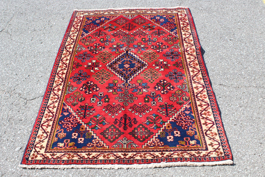Red Blue 3x5 Vintage Rug | Tribal Oriental Persian Handmade Rug