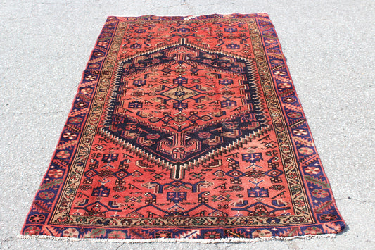 Red Blue 4x6  Vintage Rug | Tribal Oriental Persian Rug | Kazak Bohemian Rug | Handmade Rug
