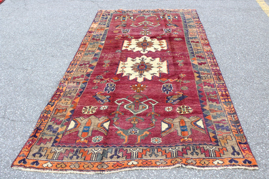 Red 5x10 Vintage Rug | Tribal Oriental Persian Rug | Kazak Bohemian Rug | Handmade Rug