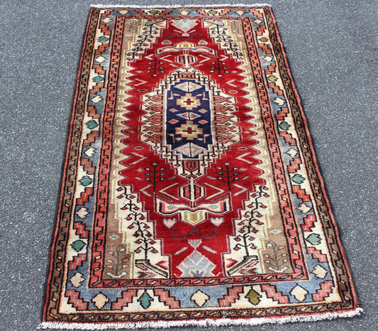 Red 3x5 Vintage Rug | Tribal Oriental Persian Rug | Kazak Bohemian Rug | Handmade Rug