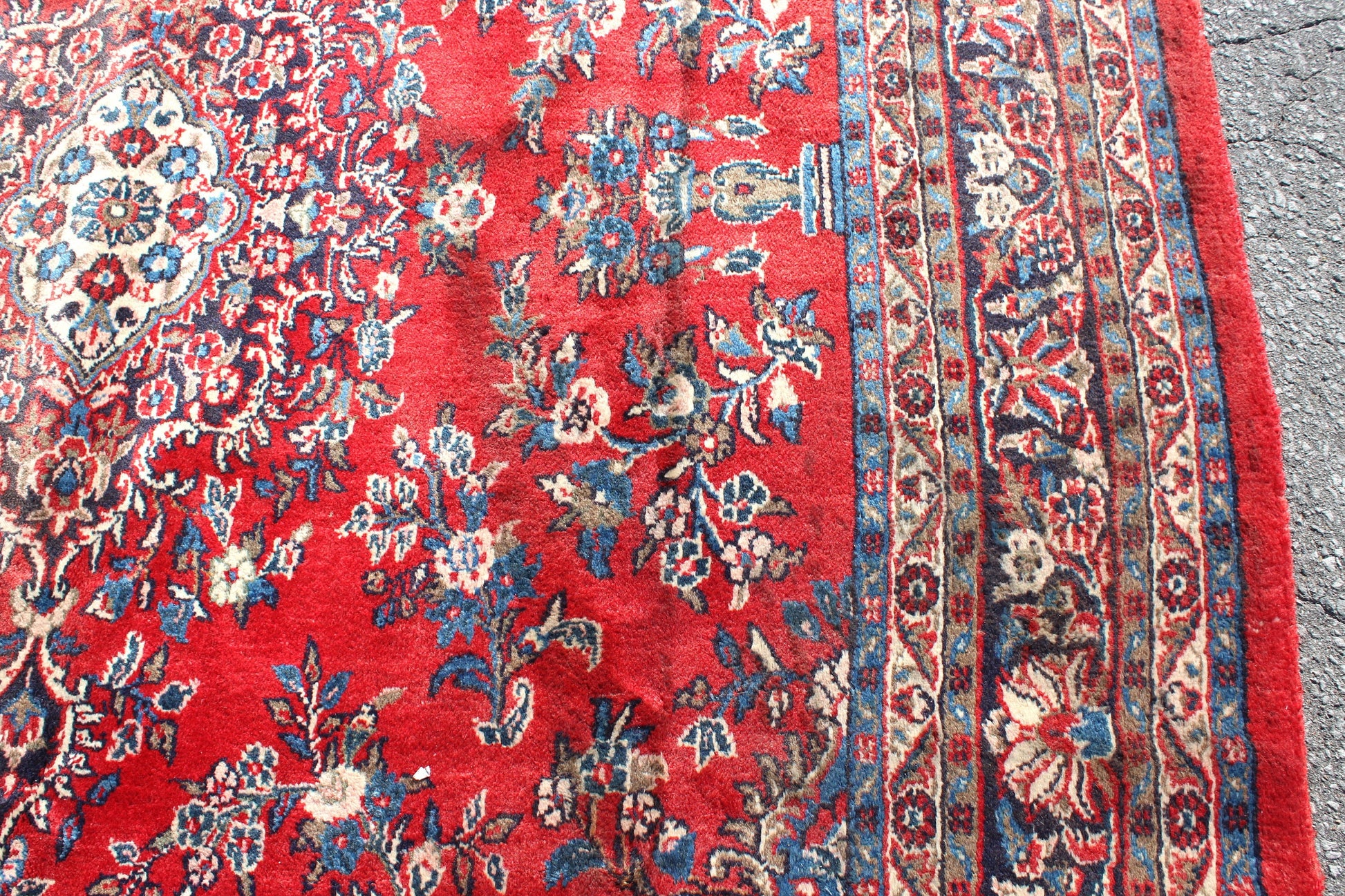Red Oriental 7x10 Handmade Rug with Blue Borders