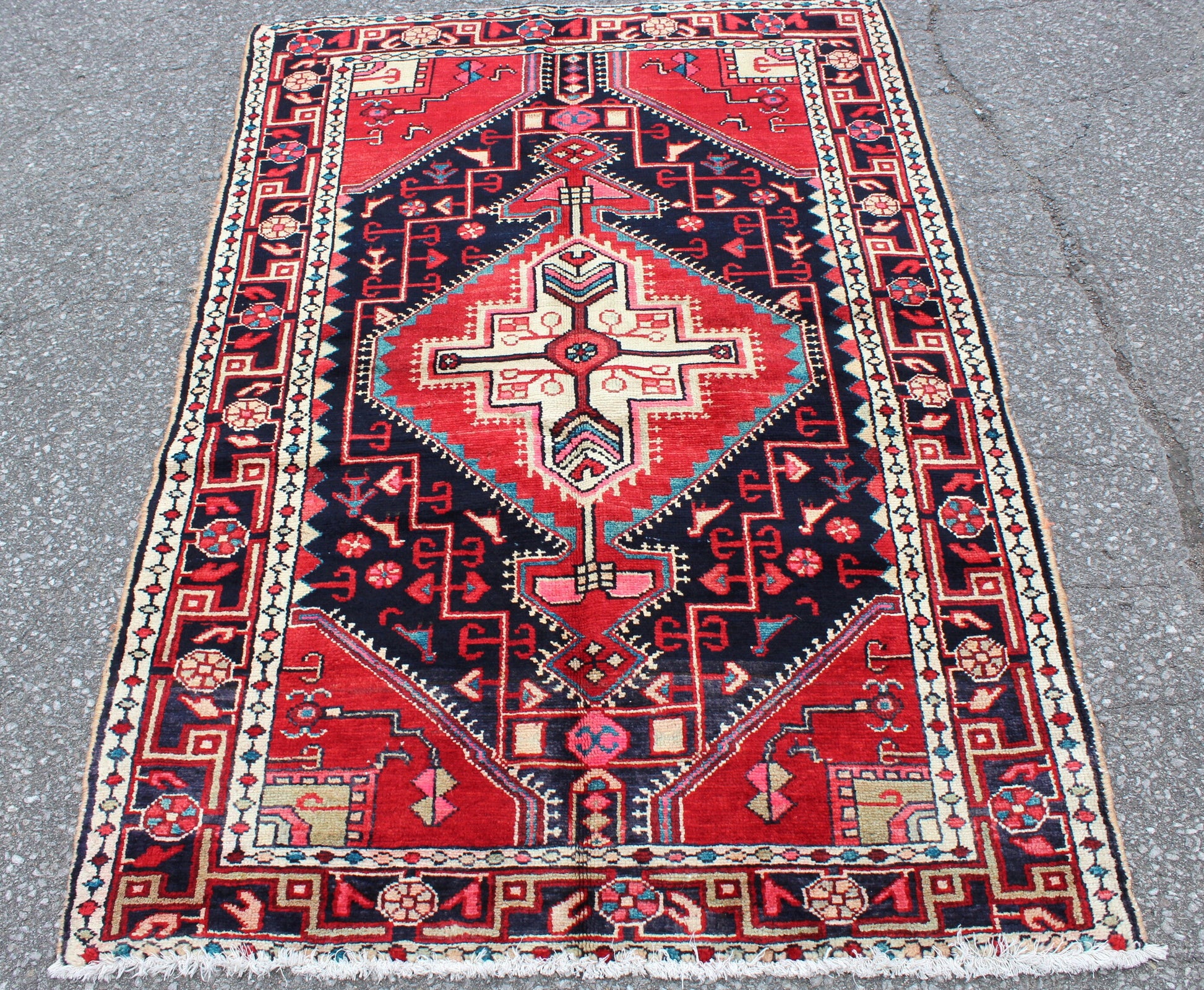 Red Black 4x5 Vintage Rug | Tribal Oriental Persian Rug | Kazak Bohemian Rug | Handmade Rug