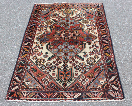 Red Beige 4x5 Vintage Rug | Tribal Oriental Persian Rug | Kazak Bohemian Rug | Handmade Rug
