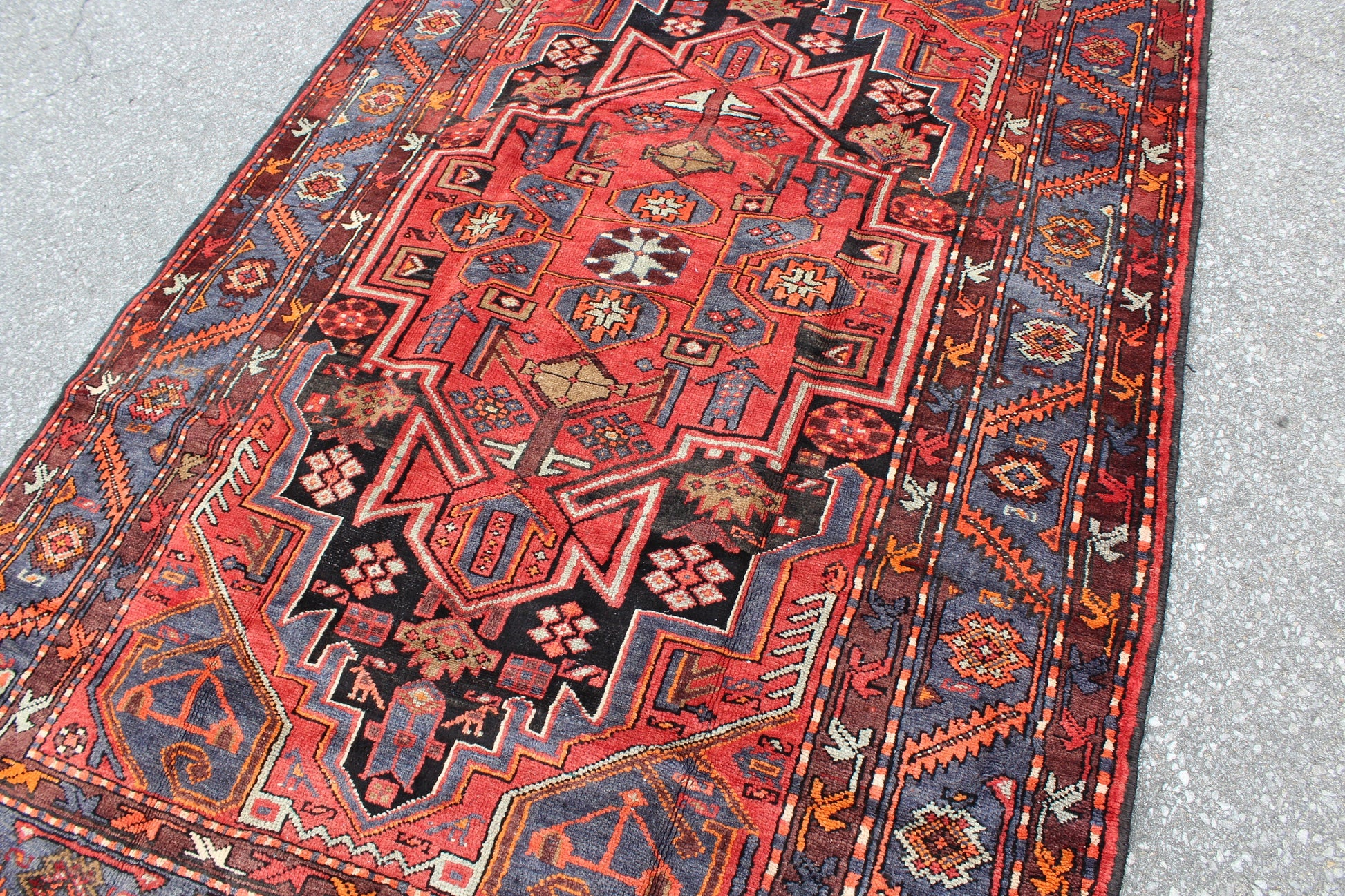 Red Blue 3x7 Vintage Rug | Tribal Oriental Persian Rug | Kazak Bohemian Rug | Handmade Rug