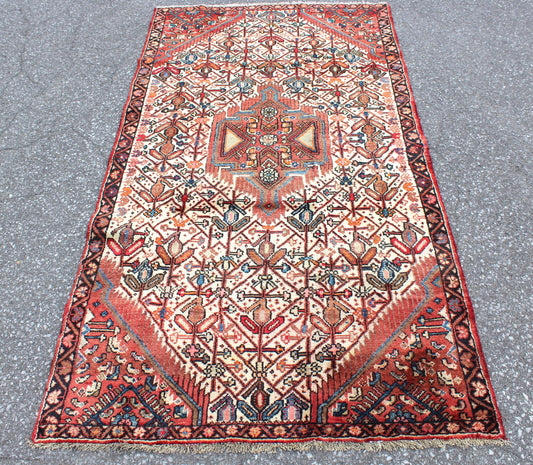 Ivory Runner Rug 3'6" x 6'11" with Coral Green Persian Tribal Design