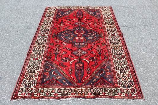 Red Blue 5x7  Vintage Rug | Tribal Oriental Persian Rug | Kazak Bohemian Rug | Handmade Rug