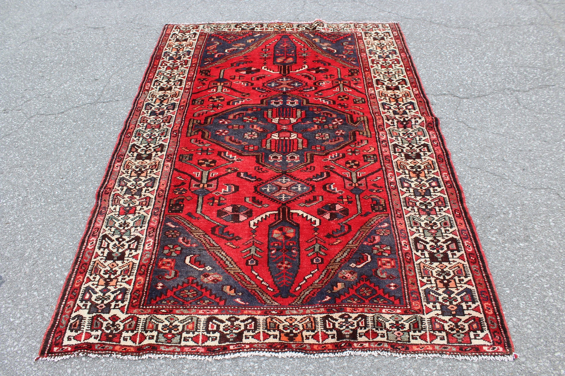 Red Blue 5x7  Vintage Rug | Tribal Oriental Persian Rug | Kazak Bohemian Rug | Handmade Rug
