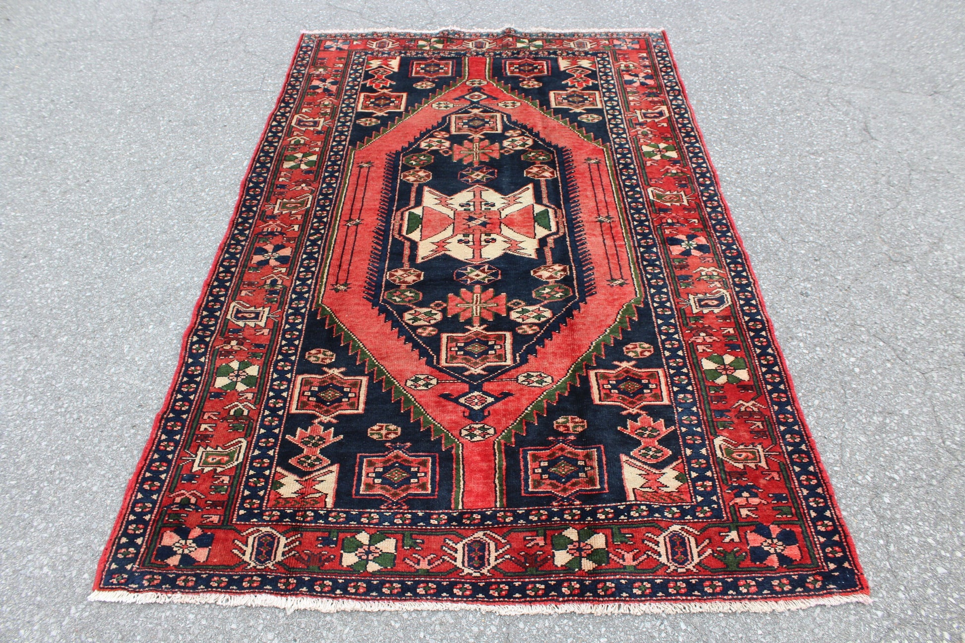 Red Blue 4x7 Vintage Rug | Tribal Oriental Persian Rug | Kazak Bohemian Rug | Handmade Rug