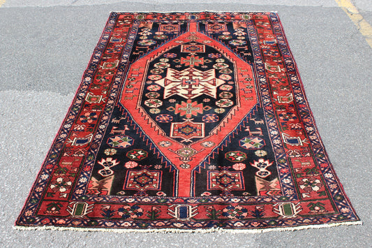 Blue Red 4x6 Vintage Rug | Tribal Oriental Persian Rug | Kazak Bohemian Rug | Handmade Rug