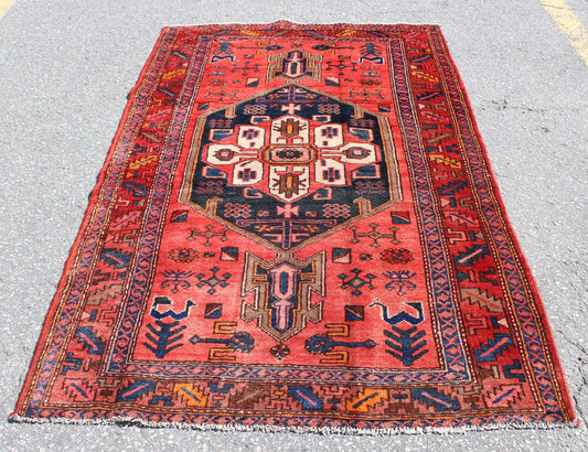 Red Blue 4x7 Vintage Rug | Tribal Oriental Persian Rug | Kazak Bohemian Rug | Handmade Rug