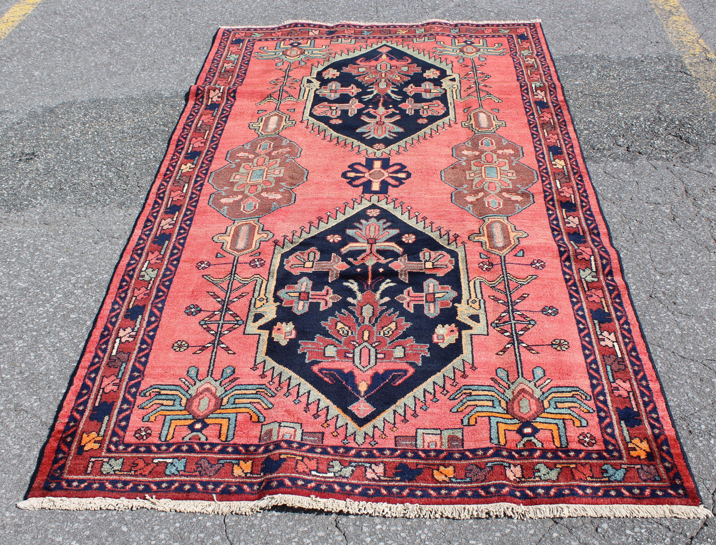 Pink Vintage 4x7 Rug with Navy Blue Medallion Light Green Accents