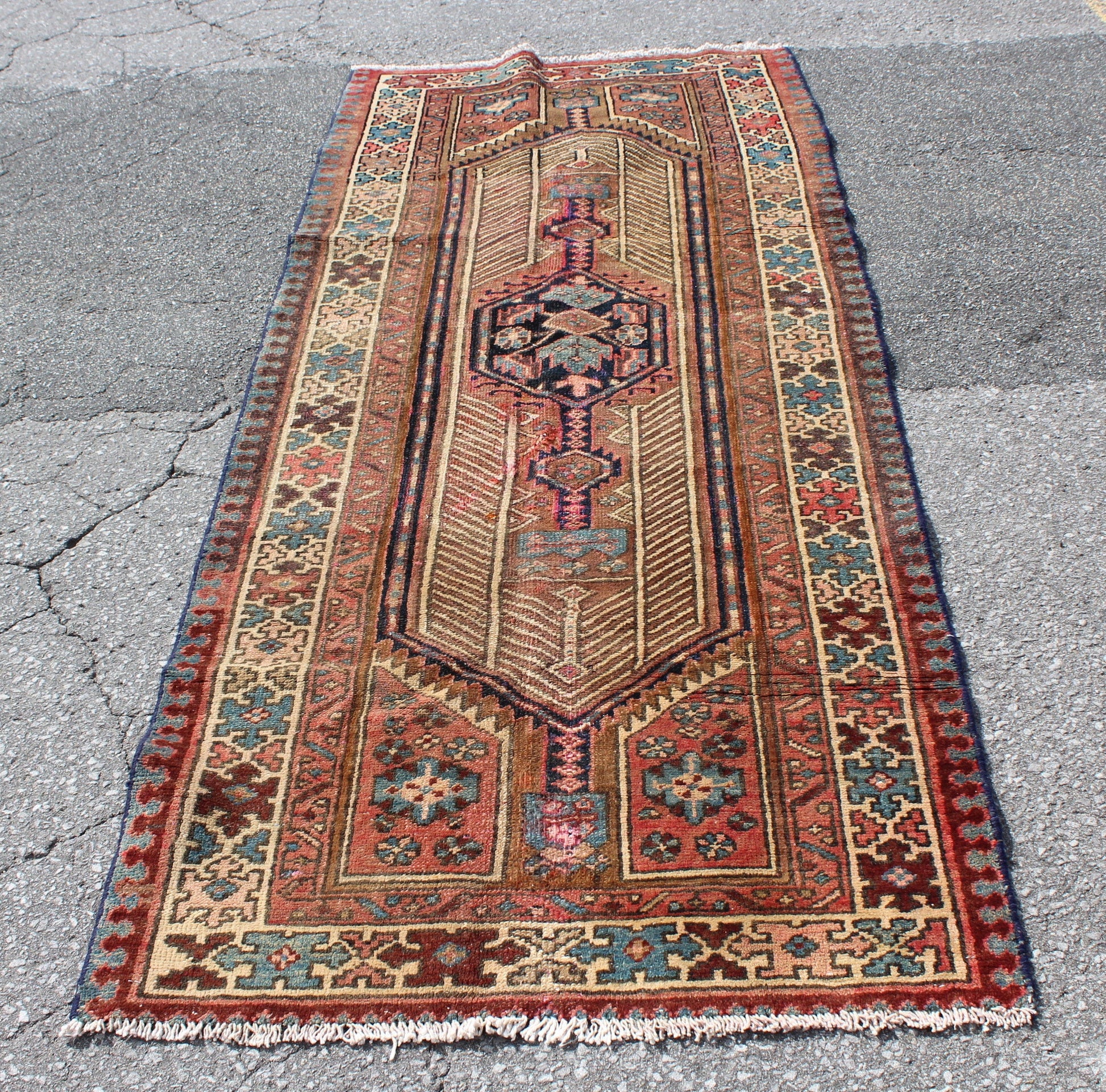 Brown Pink Persian Runner Rug with Green Accent | Wool Handmade
