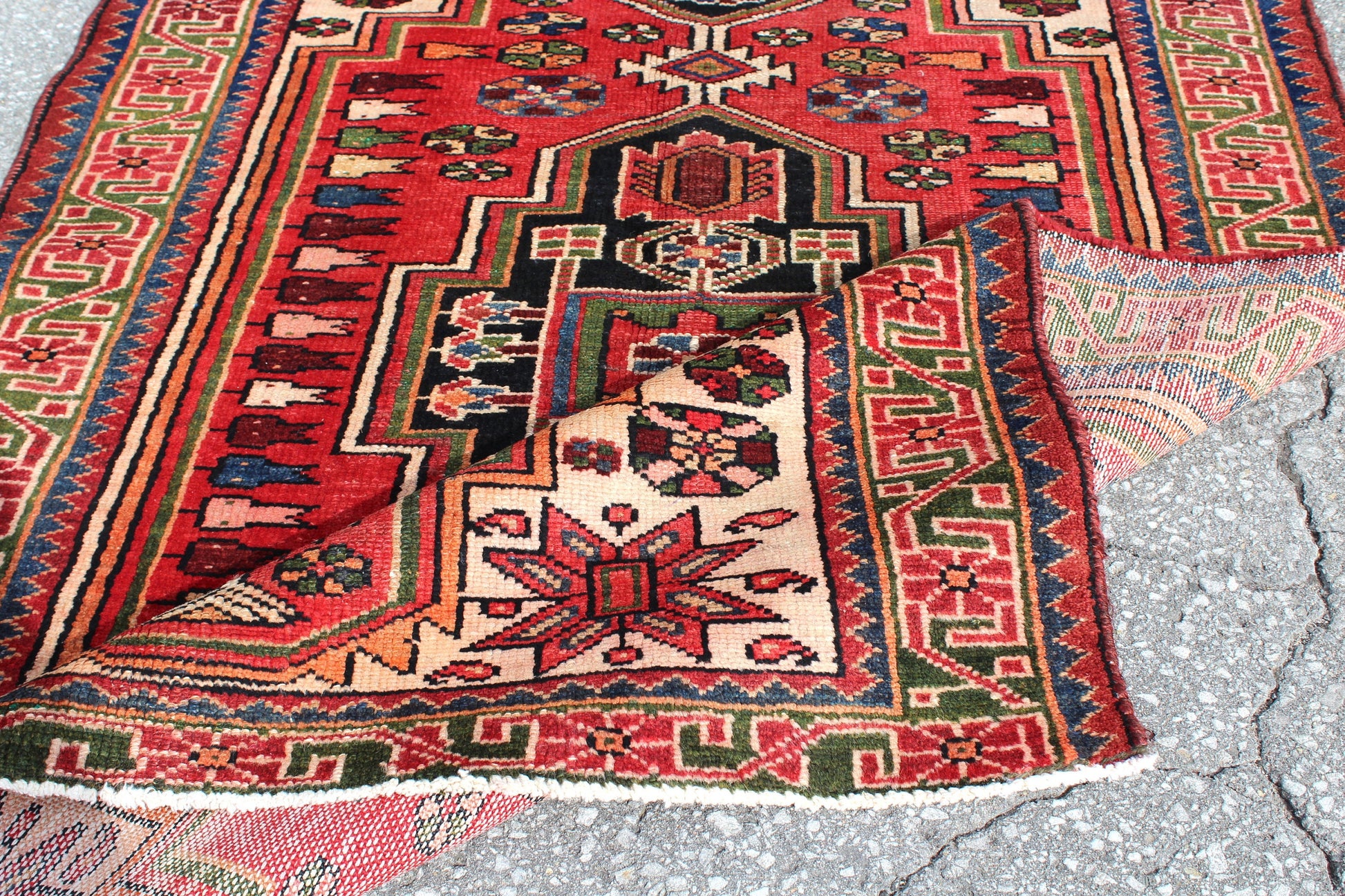 Red White 4x5 Vintage Hand Knotted Rug