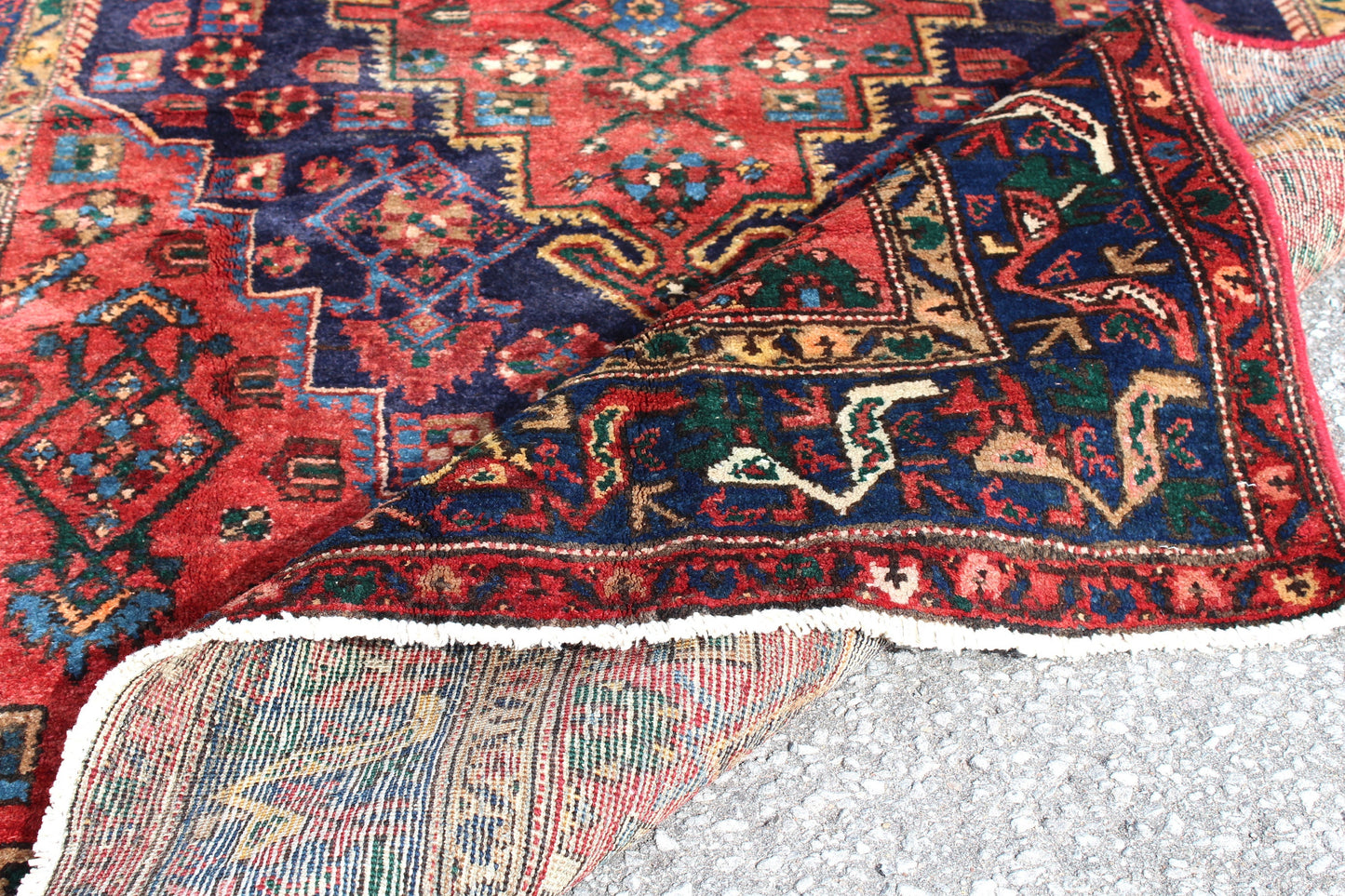 Bold Red Blue 4x7 Vintage One of a Kind Persian Style Area Rug