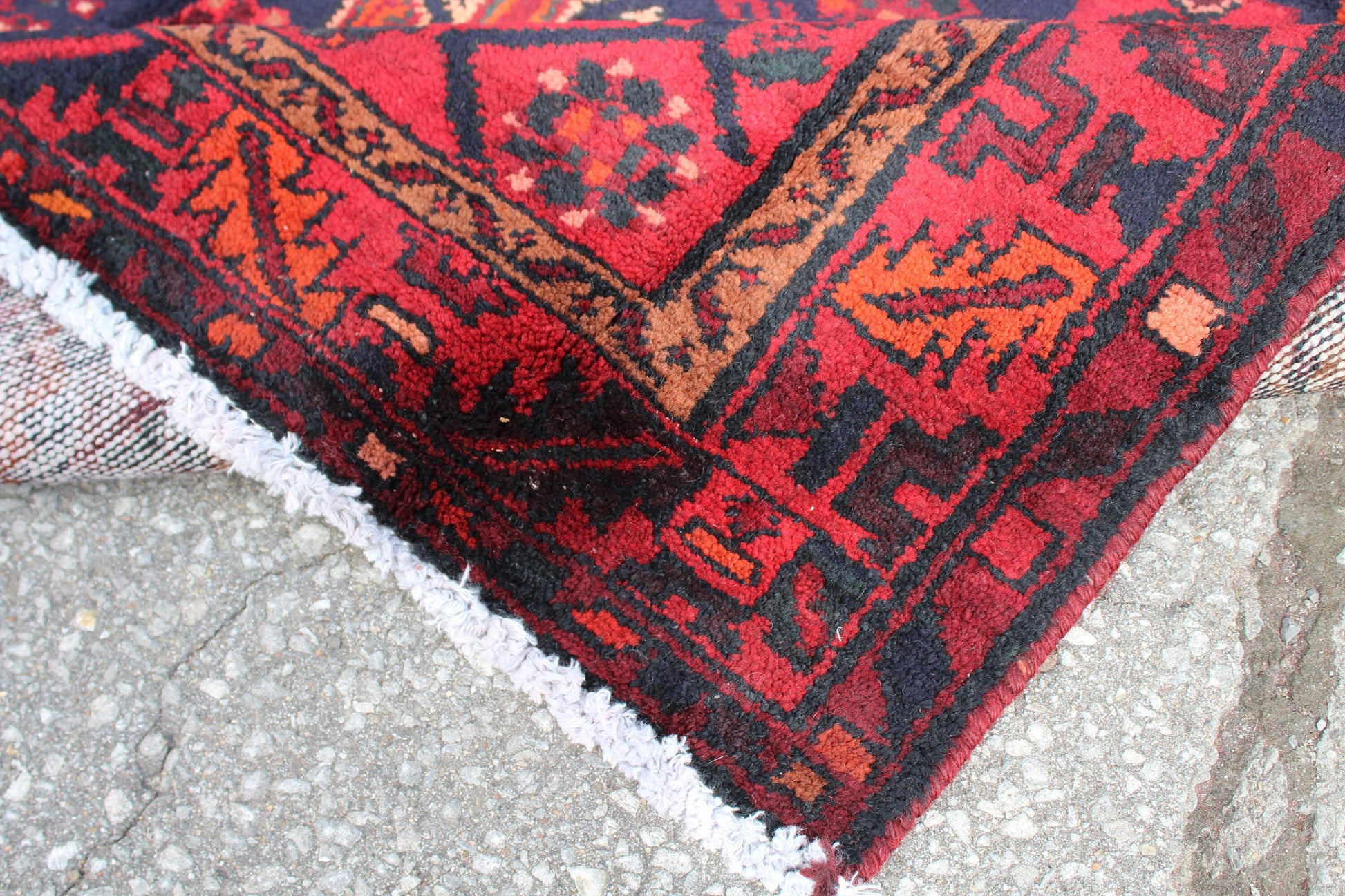 Bright Red Navy Hand Knotted Vintage Persian Tribal Rug