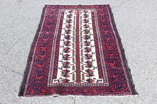 Red White 3x6 Vintage Hand Knotted Rug