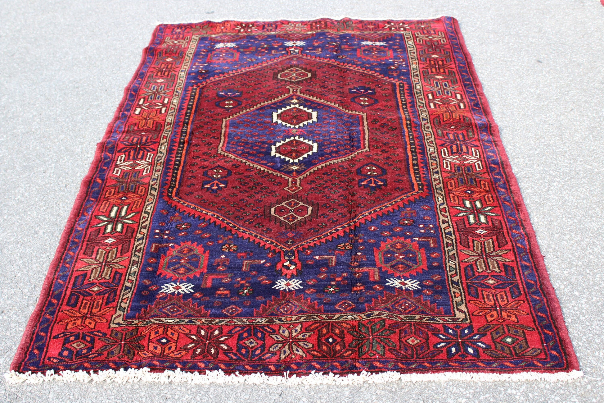 Vintage Rug Red Purple Blue 5x7 Bright Tribal Persian Handmade Rug
