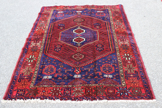 Vintage Rug Red Purple Blue 5x7 Bright Tribal Persian Handmade Rug