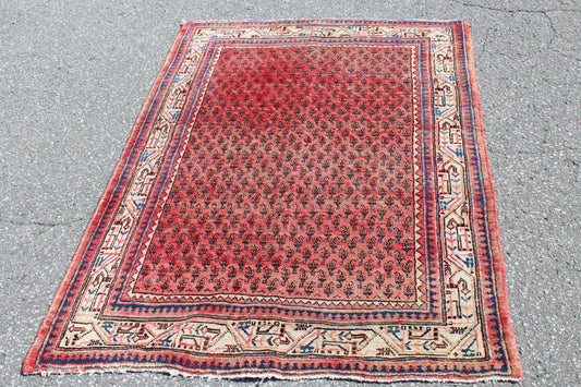 Red Beige 4x5 Vintage Rug | Tribal Oriental Persian Rug | Kazak Bohemian Rug | Handmade Rug