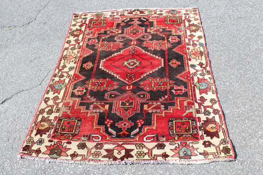 Red White 4x5 Vintage Tribal Wool Area Rug