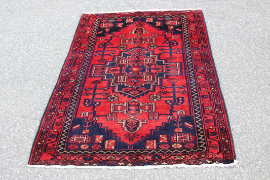 Red Blue 4x5 Vintage Handmade Rug