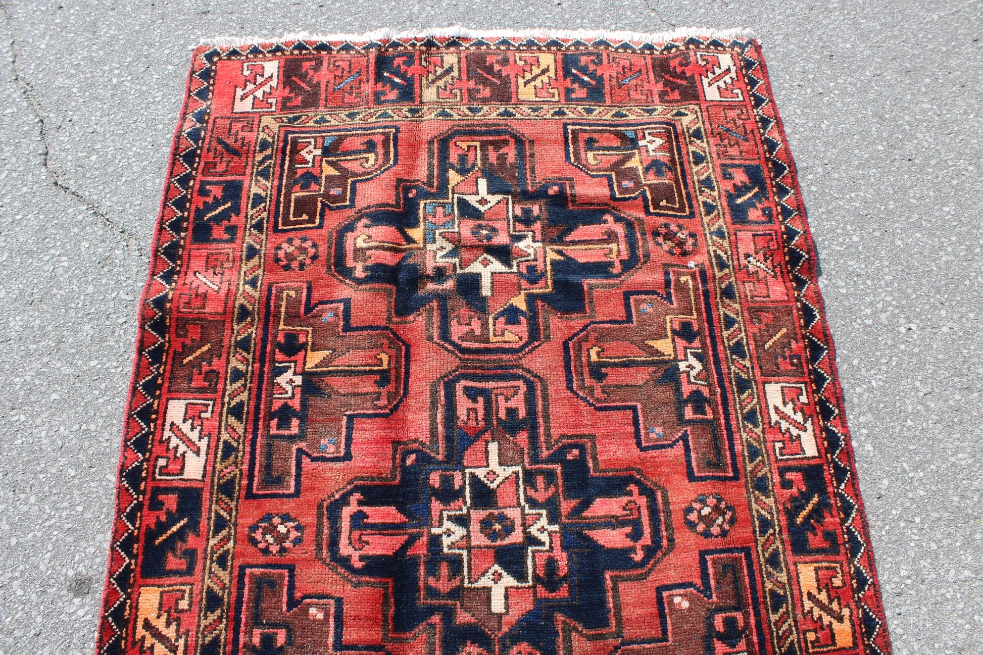 Red Blue 4x7 Vintage Hand Knotted Rug