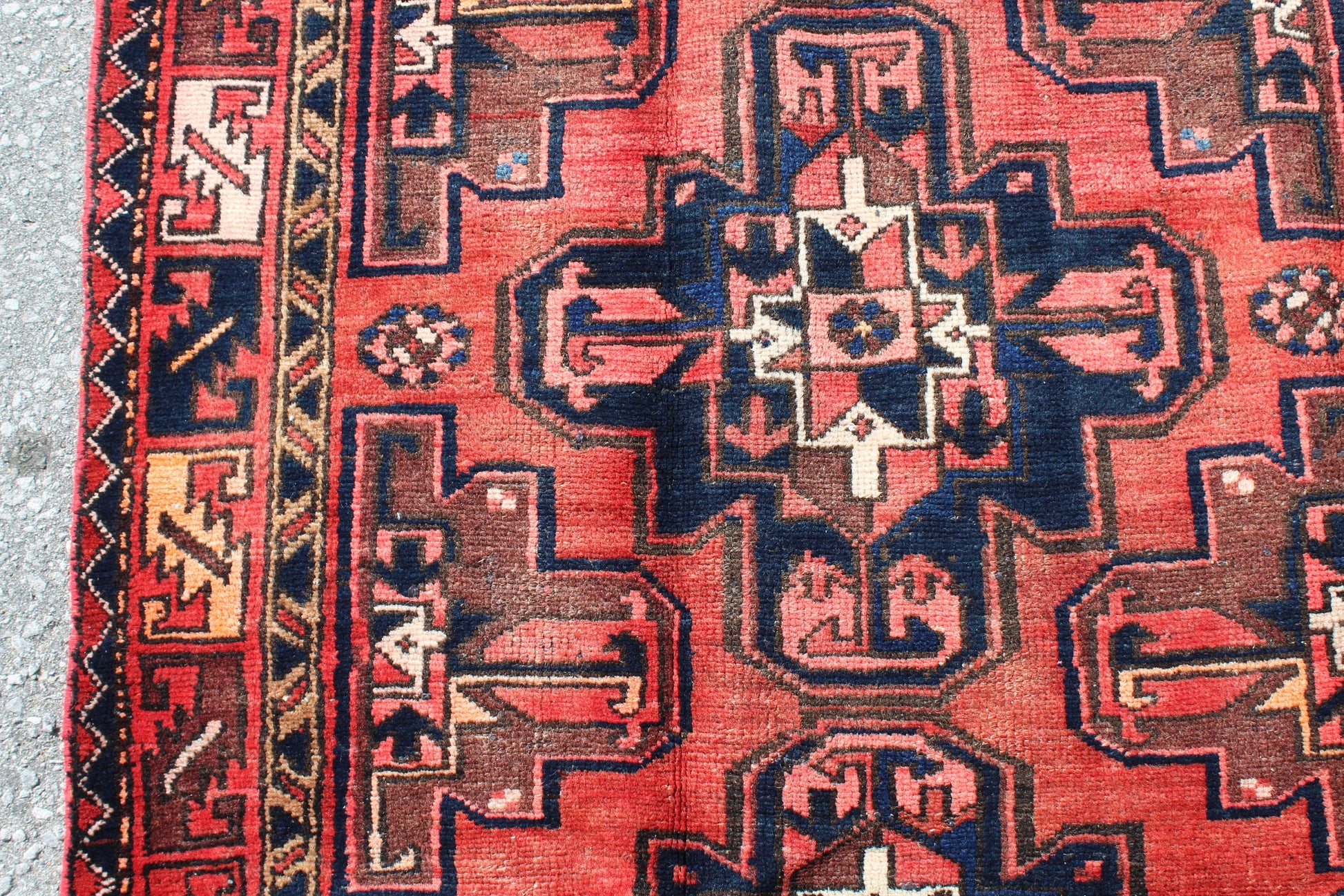 Red Blue 4x7 Vintage Hand Knotted Rug