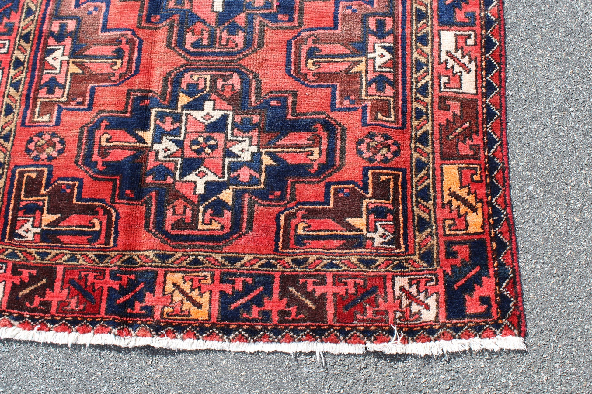 Red Blue 4x7 Vintage Hand Knotted Rug