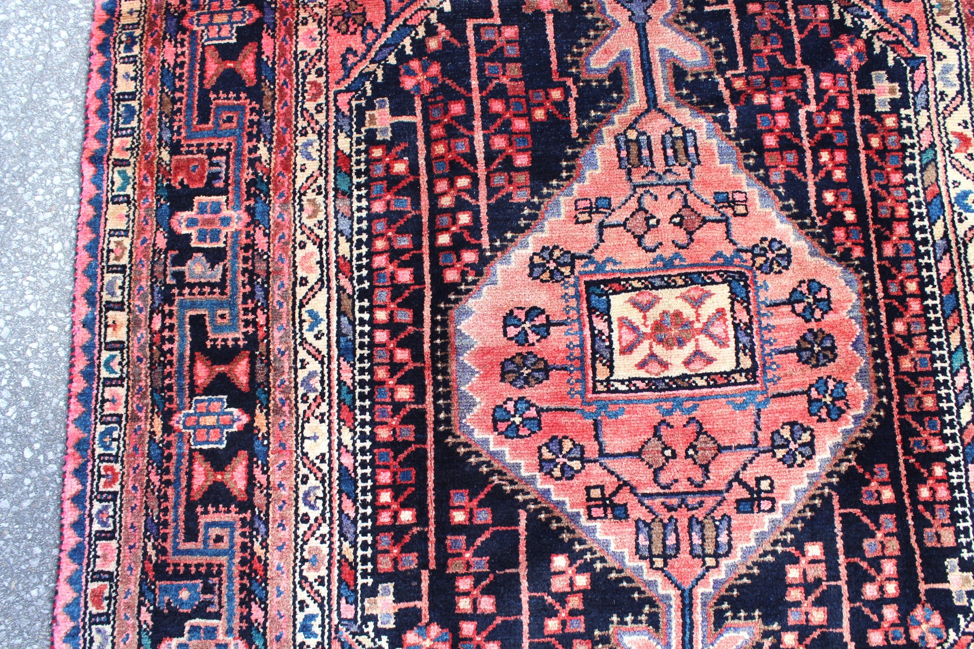 Orange Pink Navy Blue 4x7 Vintage Wool Area Rug