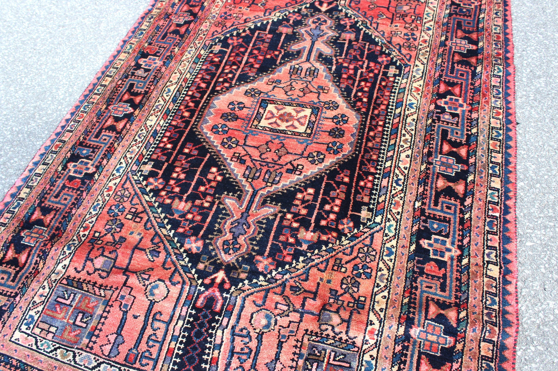 Orange Pink Navy Blue 4x7 Vintage Wool Area Rug