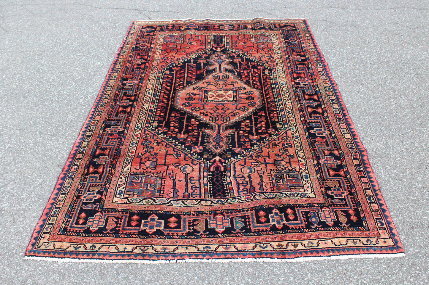 Orange Pink Navy Blue 4x7 Vintage Wool Area Rug