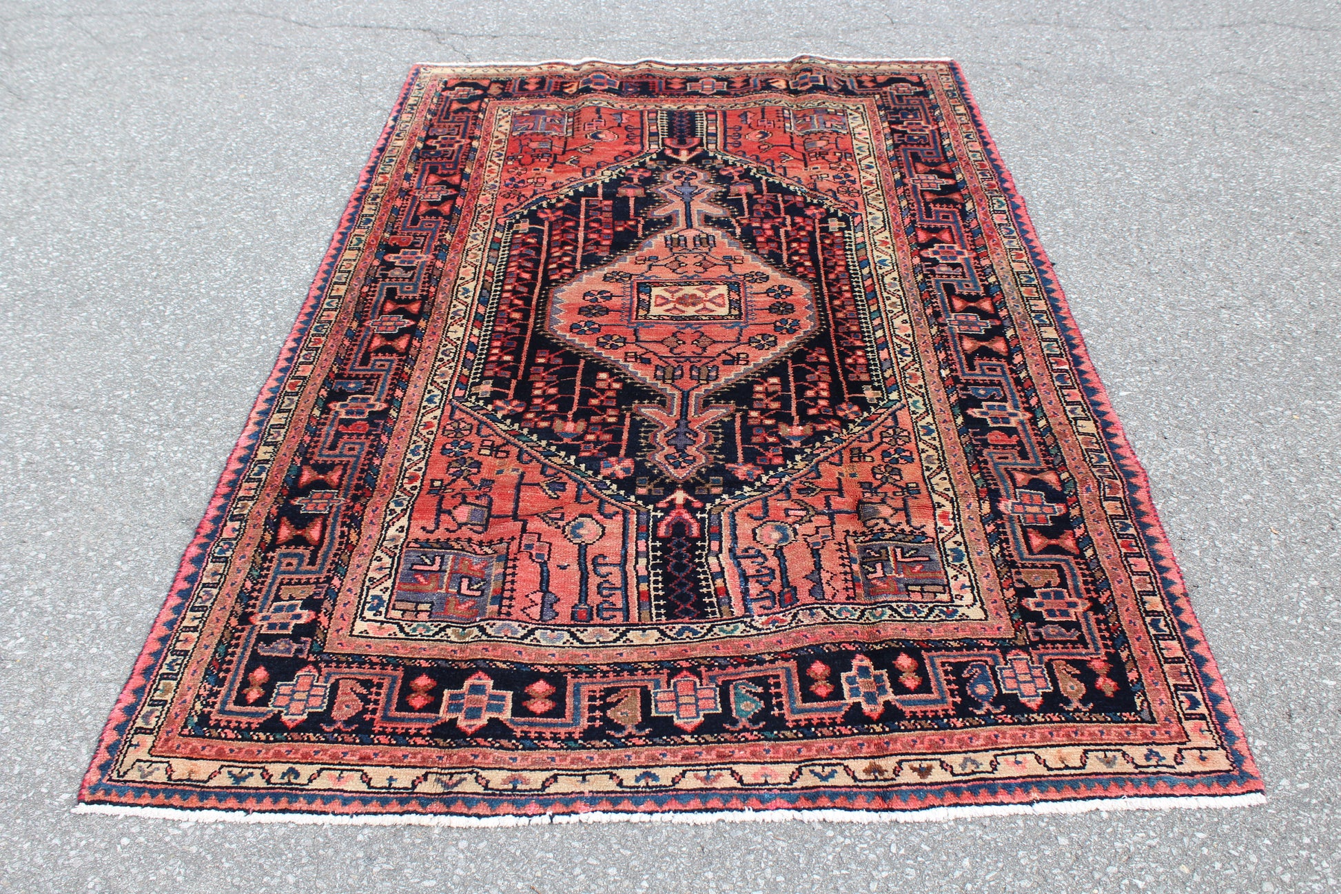 Orange Pink Navy Blue 4x7 Vintage Wool Area Rug