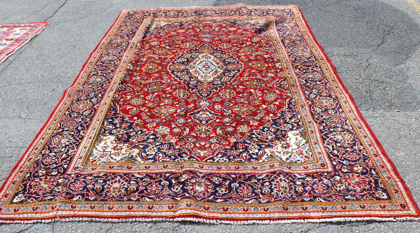 Red Blue 7x11 Vintage Hand Knotted Rug