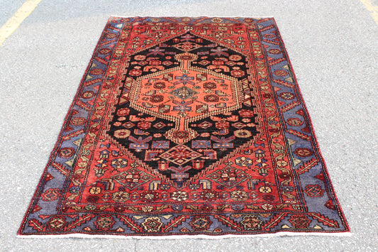 Red Black 4x6 Vintage Rug | Tribal Oriental Persian Rug | Kazak Bohemian Rug | Handmade Rug