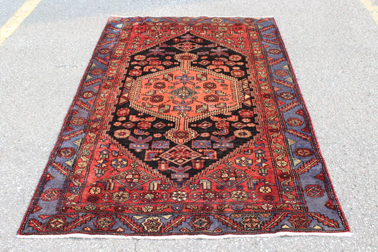 Red Black 4x6 Vintage Rug | Tribal Oriental Persian Rug | Kazak Bohemian Rug | Handmade Rug
