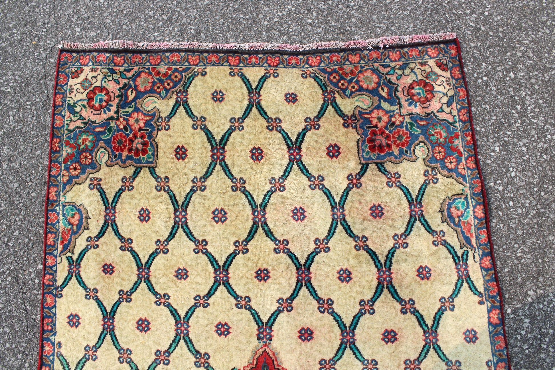 Beige Navy Blue 4x8 Vintage Hand Knotted Rug