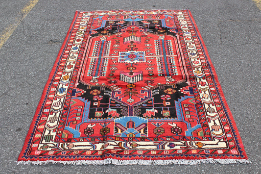 Red 4x7 Vintage Rug | Tribal Oriental Persian Rug | Kazak Bohemian Rug | Handmade Rug