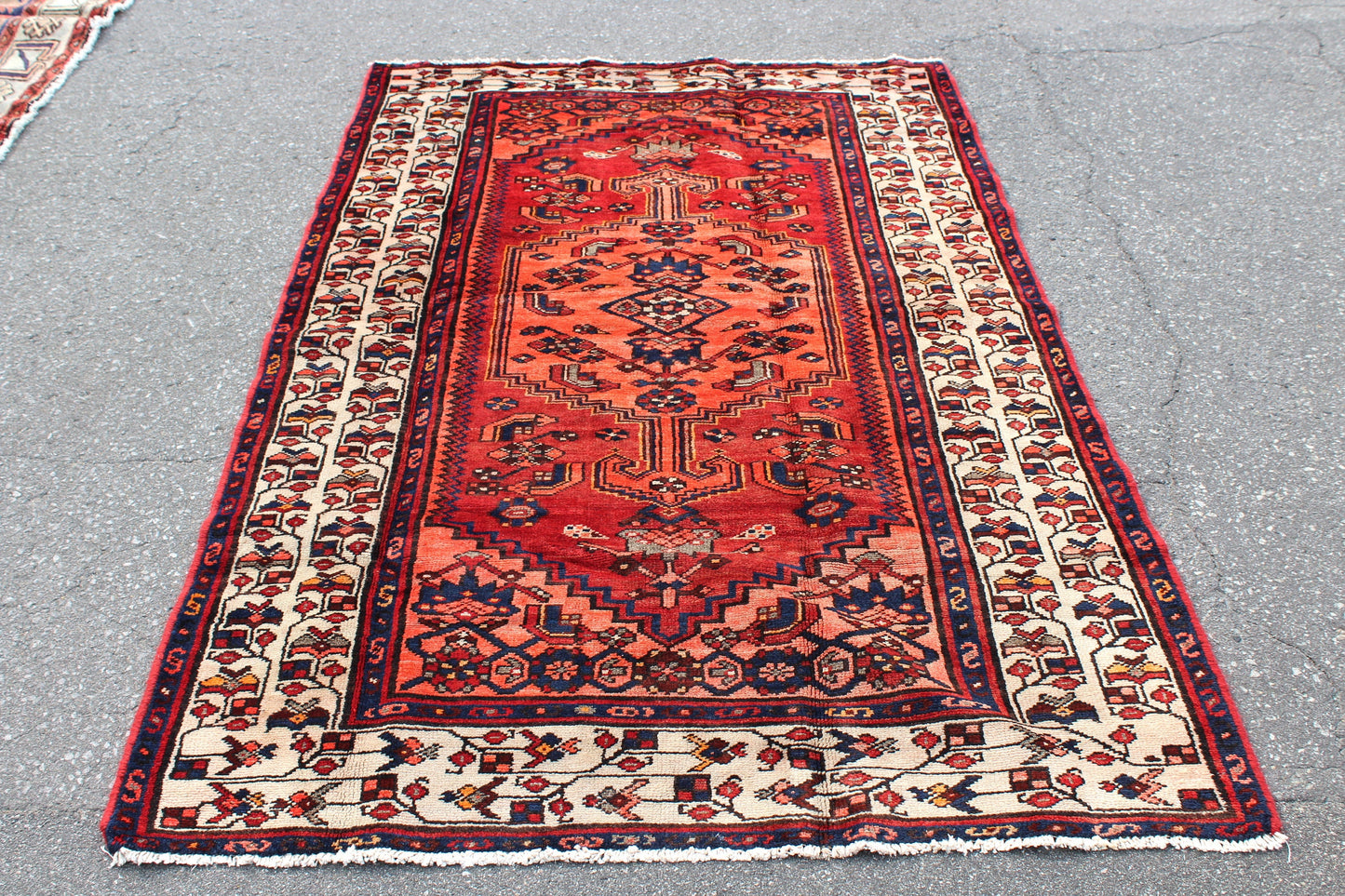 Red White 4x7 Vintage Tribal One of a Kind Rug