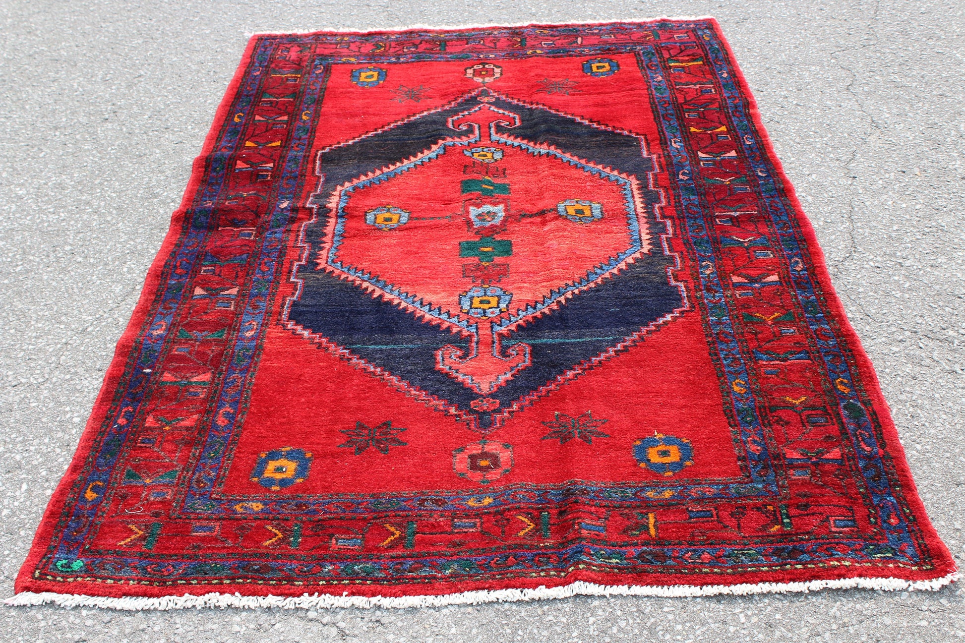 Red Blue 4x6 Vintage Rug | Tribal Oriental Persian Rug | Kazak Bohemian Rug | Handmade Rug