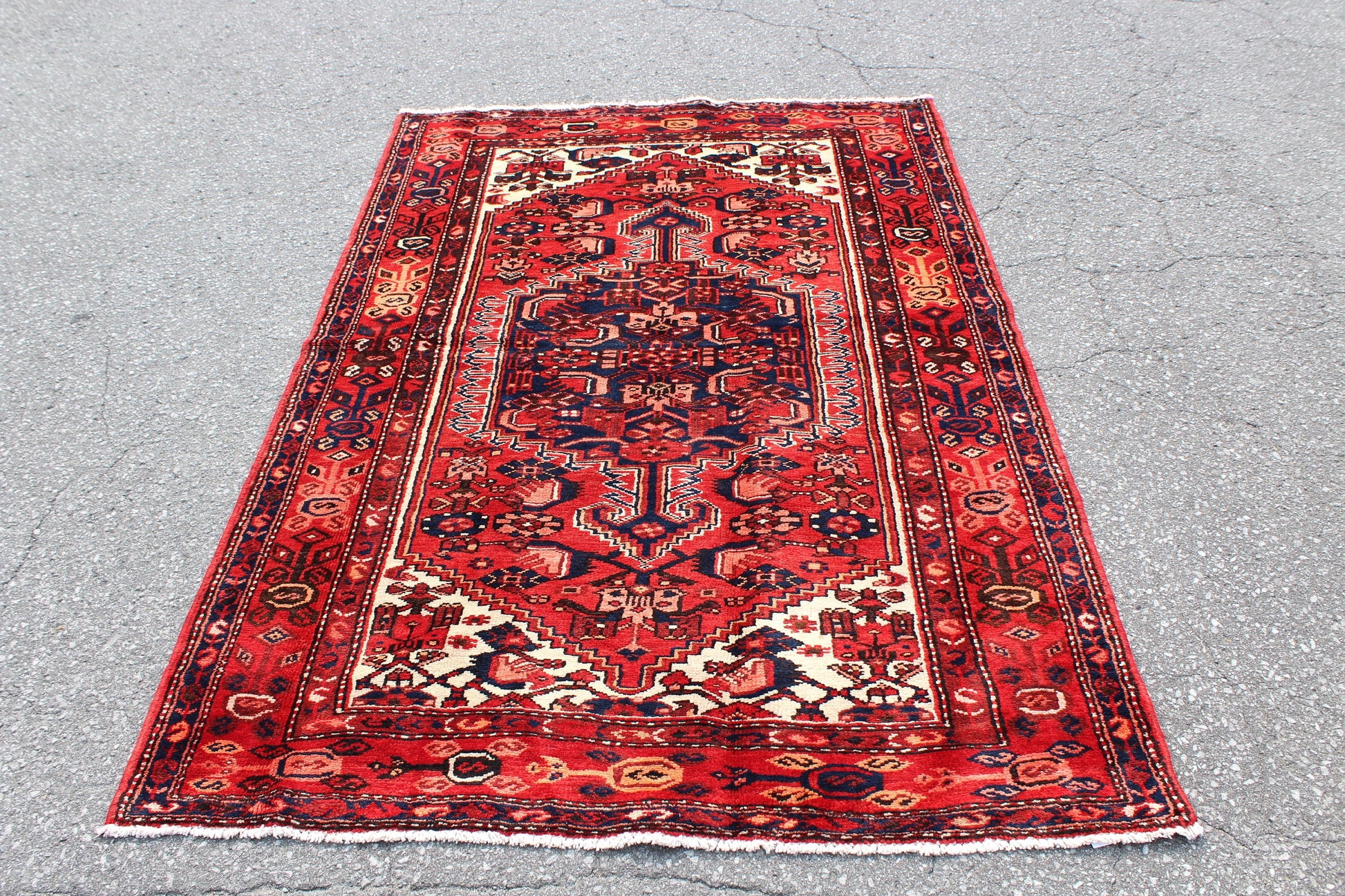 Red Beige 4x7 Vintage Rug | Tribal Oriental Persian Rug | Afghan Bohemian Rug | Handmade Rug