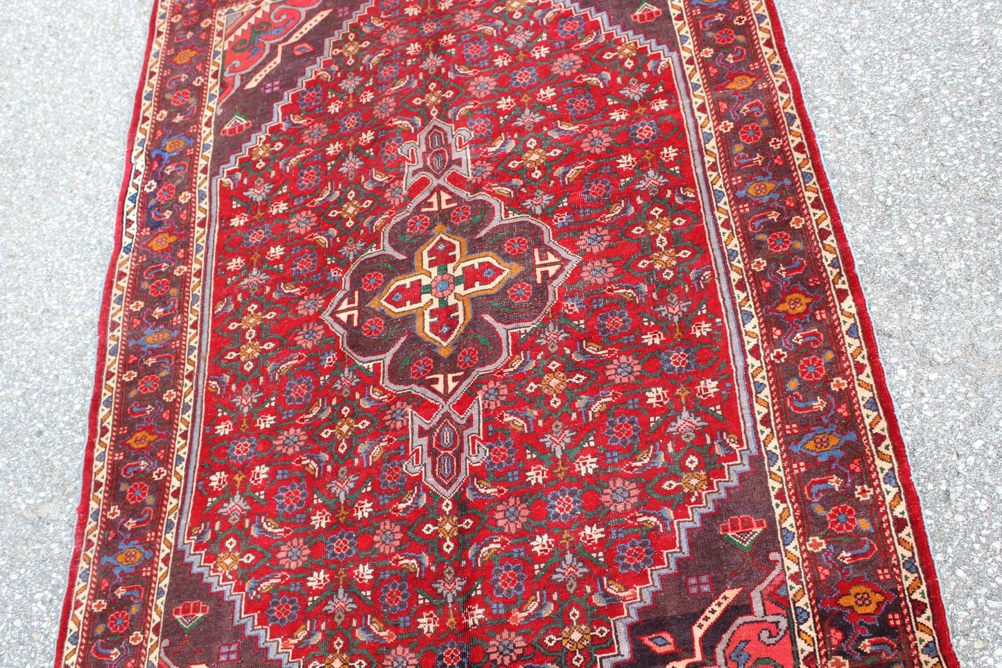 Rug 3'5" x 5'5" Red with Blue Vintage Accents Handmade Rug