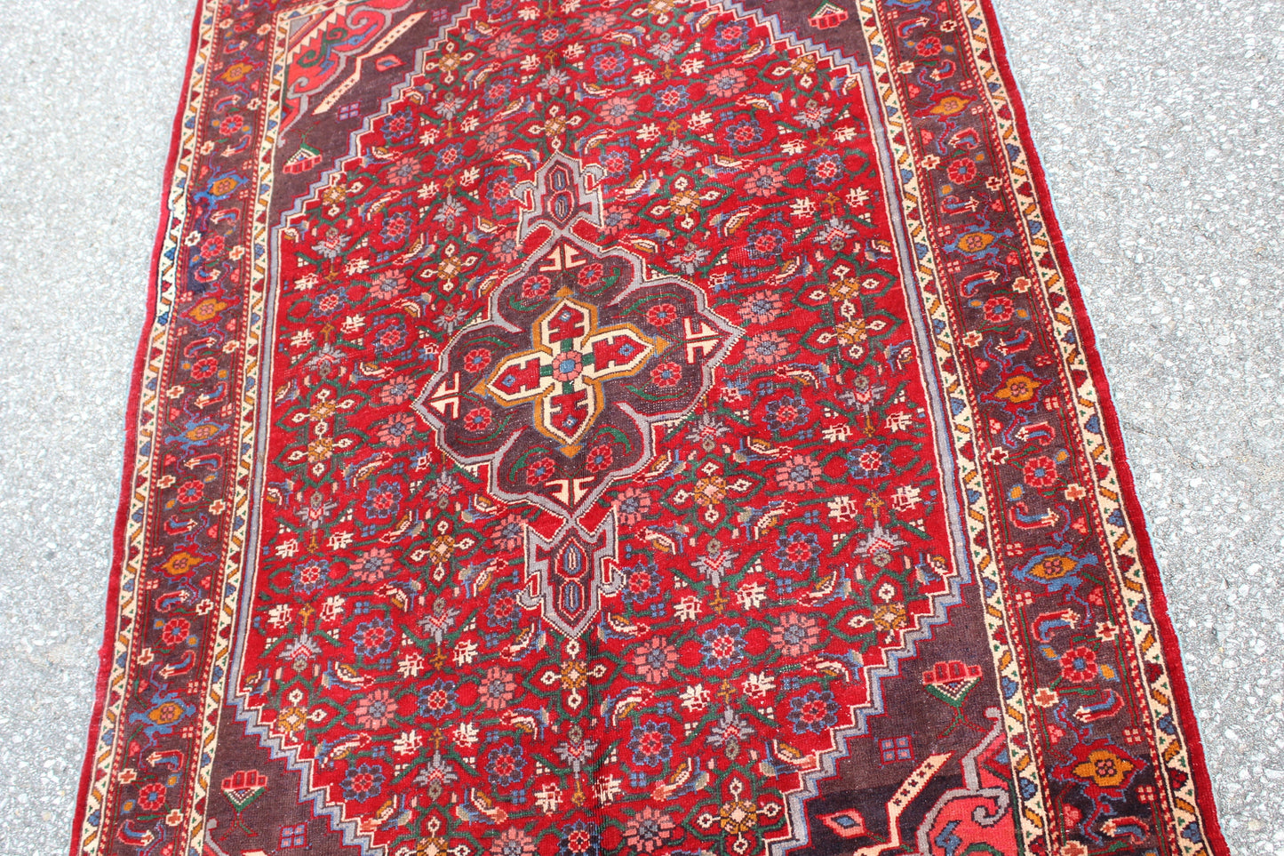 Rug 3'5" x 5'5" Red with Blue Vintage Accents Handmade Rug