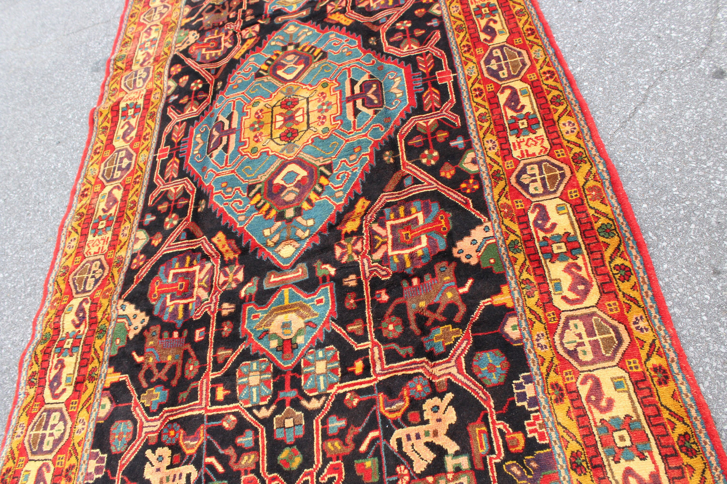 Navy Blue Vintage Rug 5x9 feet with Bright Yellow Orange Border