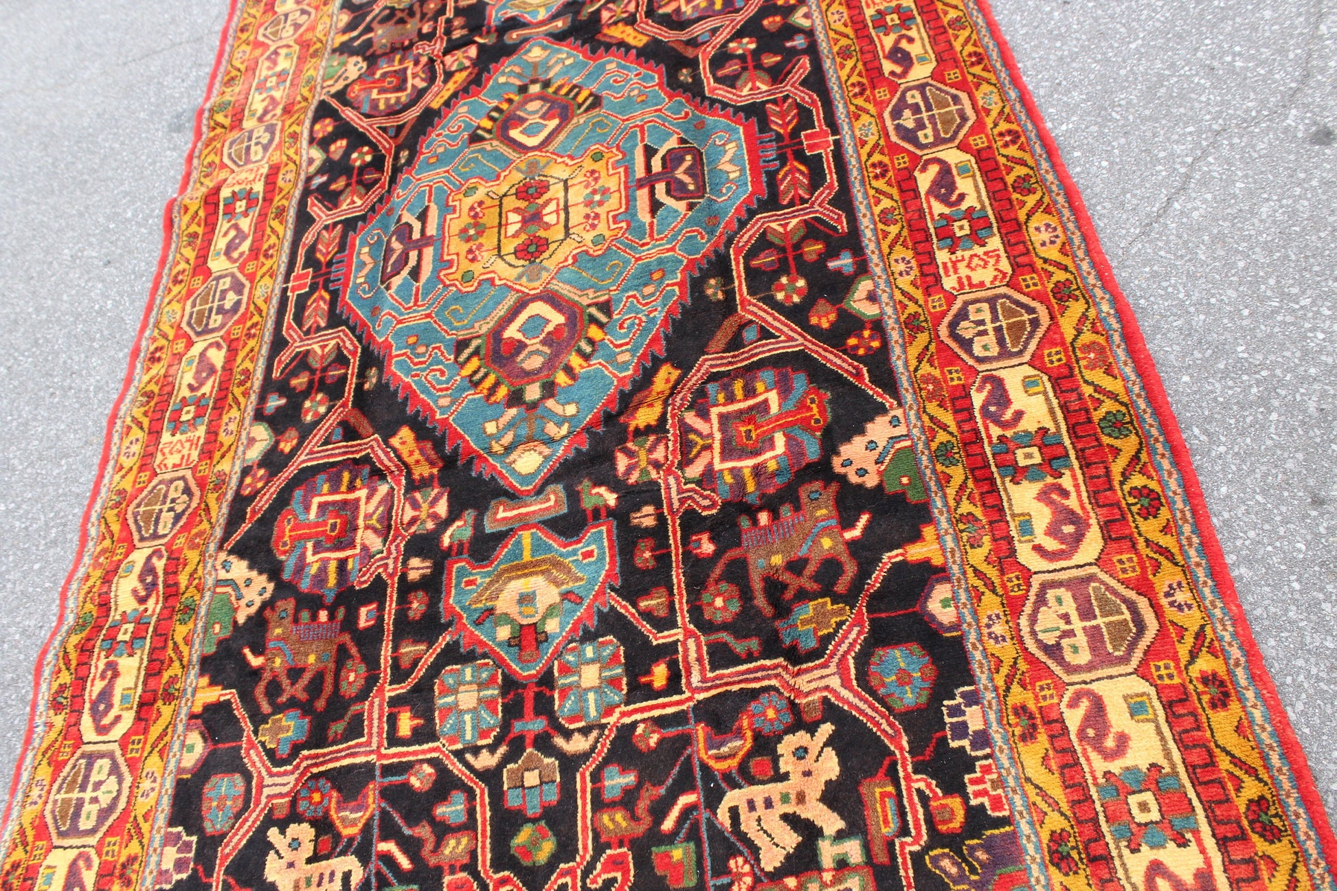 Navy Blue Vintage Rug 5x9 feet with Bright Yellow Orange Border