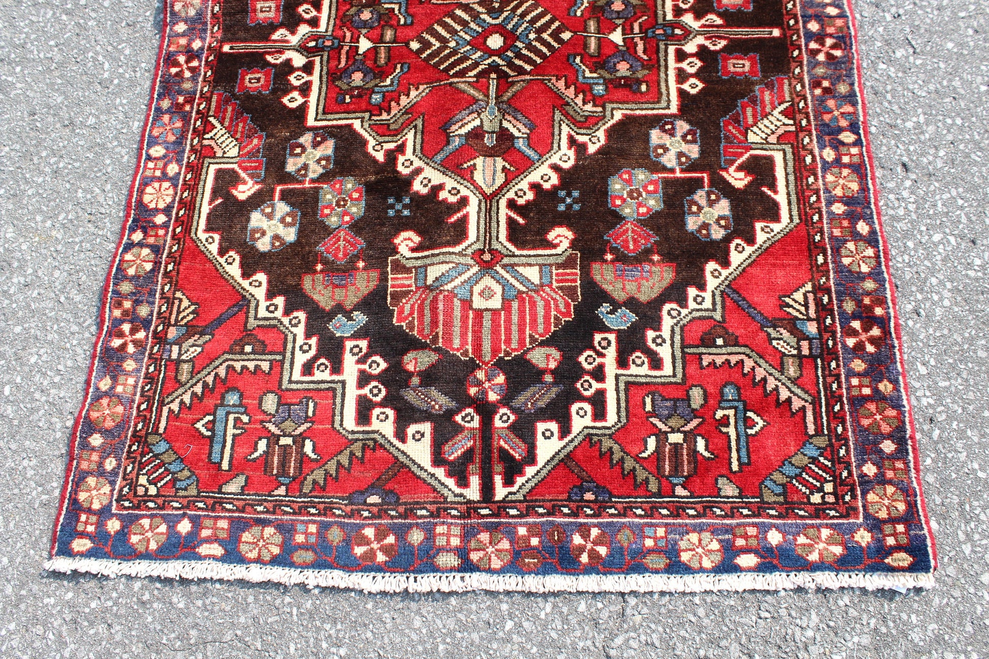 Vintage Red Rug 3'6" x 5'1" with Brown Background Blue Border