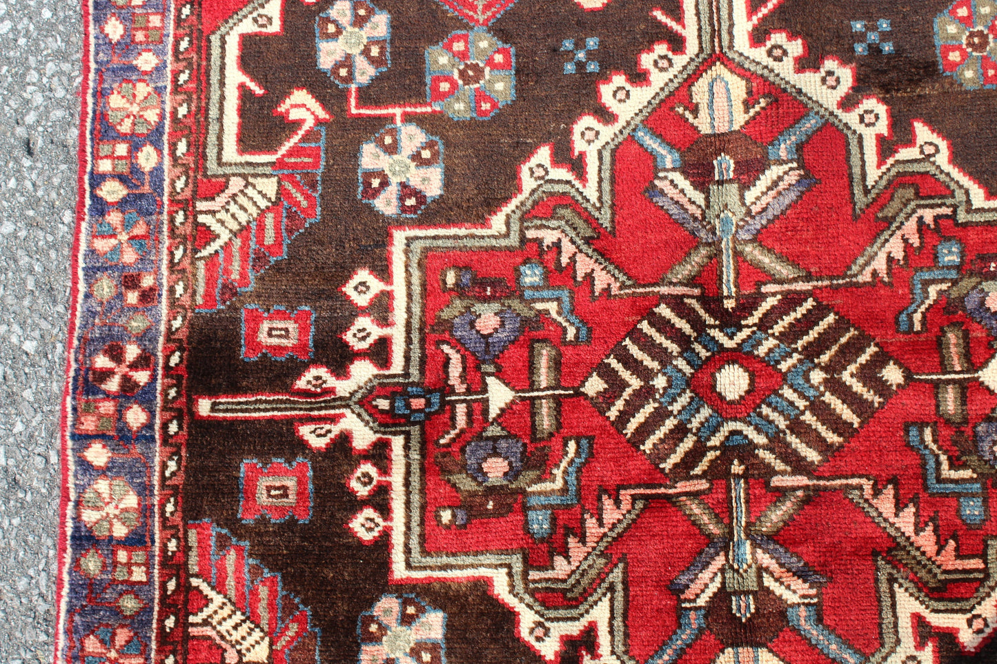 Vintage Red Rug 3'6" x 5'1" with Brown Background Blue Border